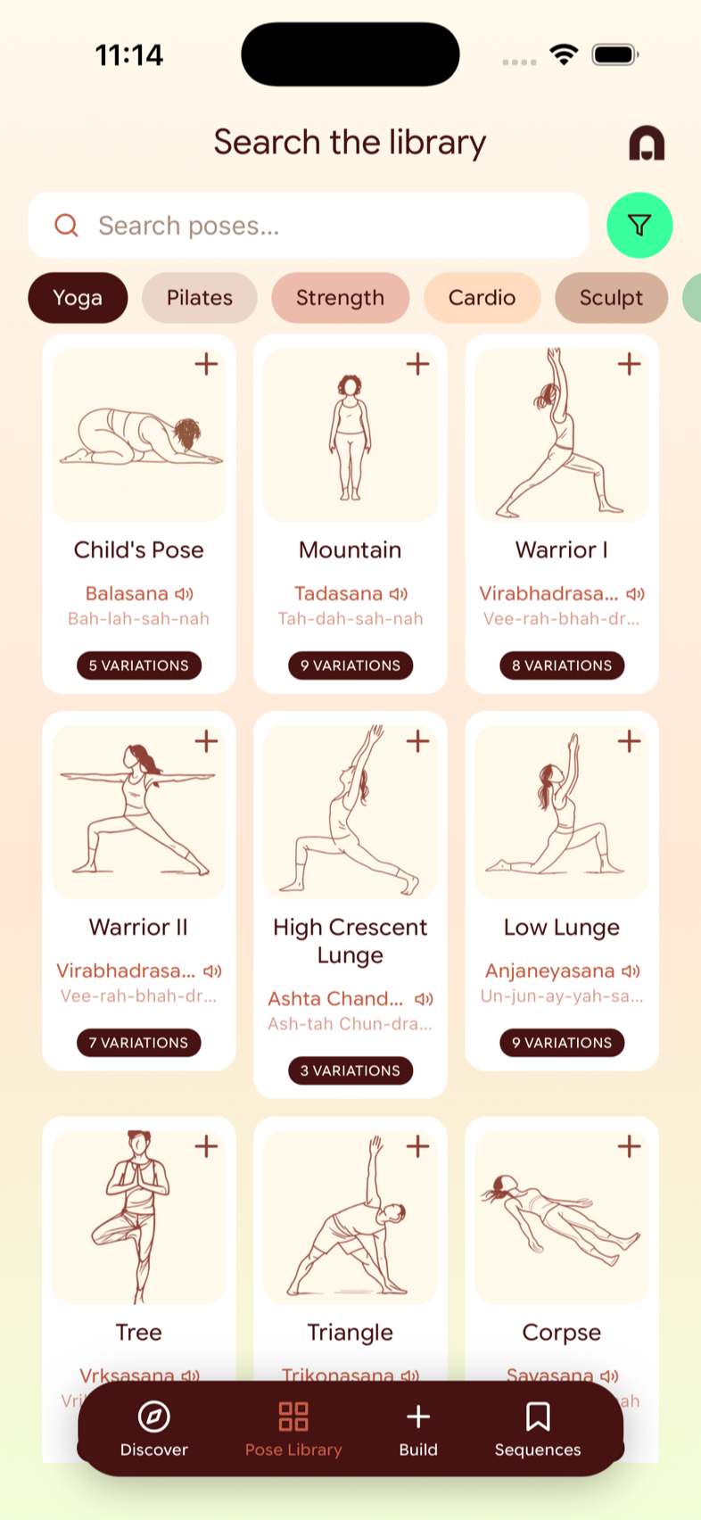 Pose library with search, modality chips, and a grid of poses